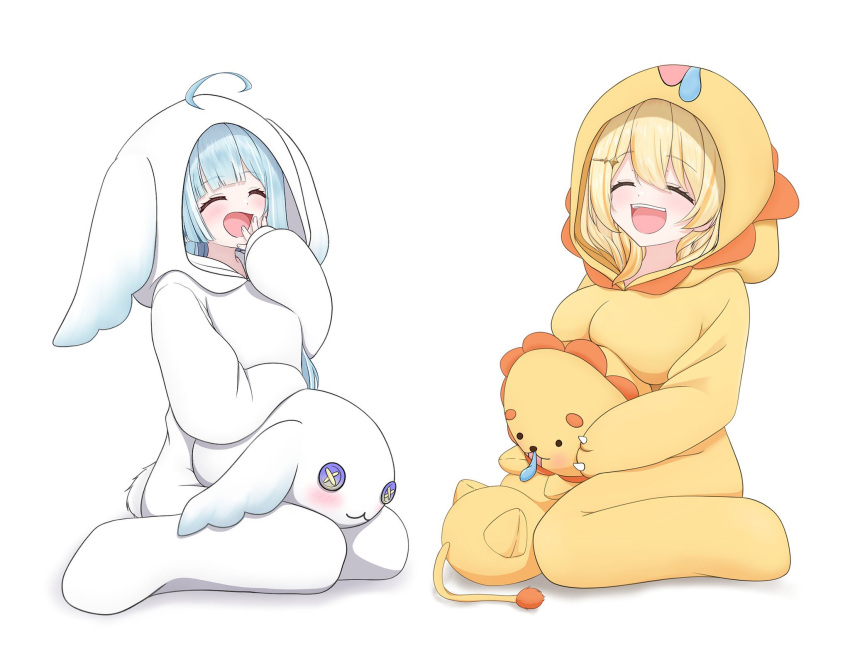 2girls, ahoge, alternate_costume, amaui, animal_costume, blonde_hair, blush, breasts, closed_eyes, commentary_request, cuore_0624, flat_chest, full_body, hair_through_hood, highres, hinata_mashu, hood, hood_up, large_breasts, laughing, lion_costume, long_hair, medium_hair, multiple_girls, nanashi_inc., onesie, open_mouth, rabbit_costume, seiza, simple_background, sitting, smile, stuffed_animal, stuffed_lion, stuffed_rabbit, stuffed_toy, virtual_youtuber, white_background