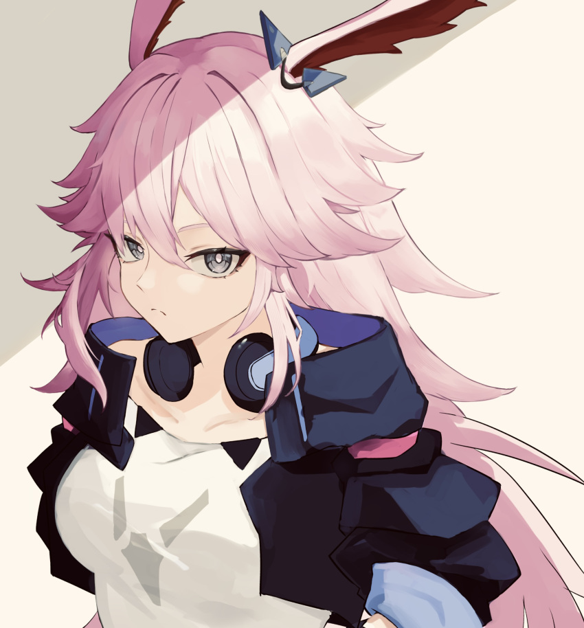 1girl, animal_ears, black_jacket, blue_eyes, closed_mouth, commentary, fox_ears, frown