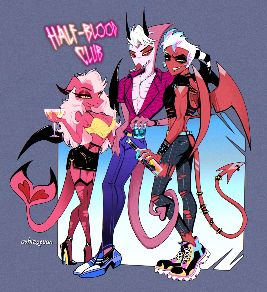 1girl, 2boys, ashirotyan, black_thighhighs, colored_skin, crop_top, demon_boy, demon_girl, demon_horns, demon_tail, demon_wings, denim, fins, fish_tail, garter_straps, helluva_boss, high_heels, highres, horns, jeans, jesse_(helluva_boss), looking_at_viewer, multicolored_footwear, multiple_boys, open_clothes, open_shirt, pants, pink_hair, pink_skin, red_skin, shark_boy, shark_girl, shark_tail, slit_pupils, stu_(helluva_boss), tail, thigh-highs, torn_clothes, torn_jeans, torn_pants, white_hair, wings