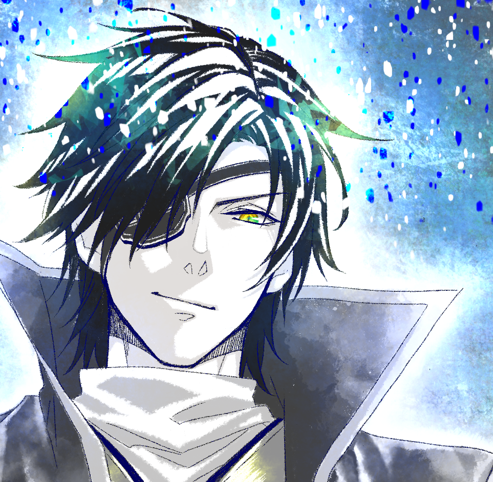 1boy, blue_background, blue_theme, date_masamune_(sengoku_basara), eyepatch, hair_over_one_eye, looking_at_viewer, male_focus, medium_hair, portrait, sawa12sss, sengoku_basara, slit_pupils, smirk, solo, spot_color, v-shaped_eyebrows, yellow_eyes