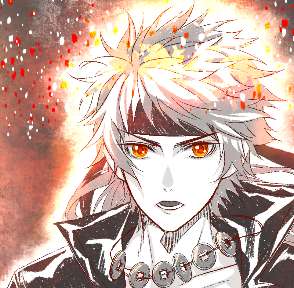 1boy, floating_neckwear, headband, jewelry, long_hair, looking_at_viewer, lower_teeth_only, male_focus