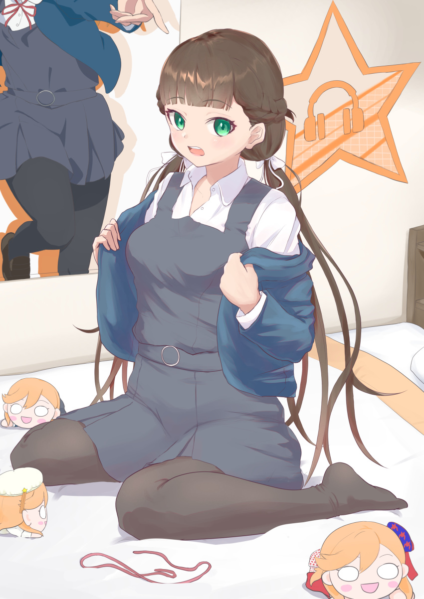 1girl, absurdres, beret, black_pantyhose, blazer, blue_hat, blue_jacket, blunt_bangs