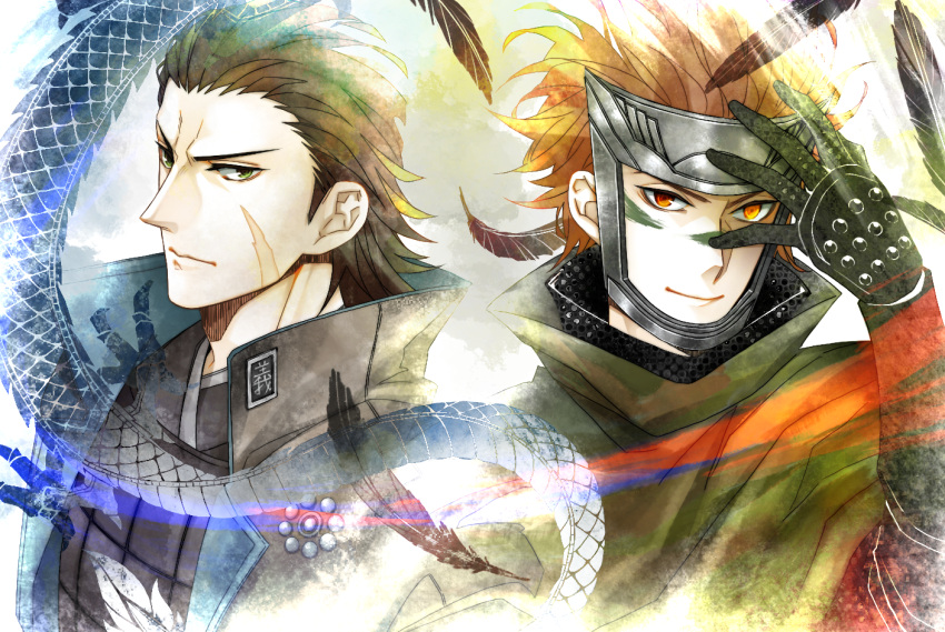 2boys, armor, black_feathers, black_gloves, brown_hair, capelet, facepaint, feathers