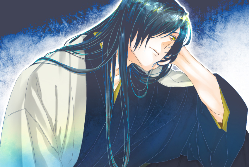 1boy, alternate_hair_length, alternate_hairstyle, blue_hair, blue_kimono, date_masamune_(sengoku_basara), expressionless, hair_over_one_eye