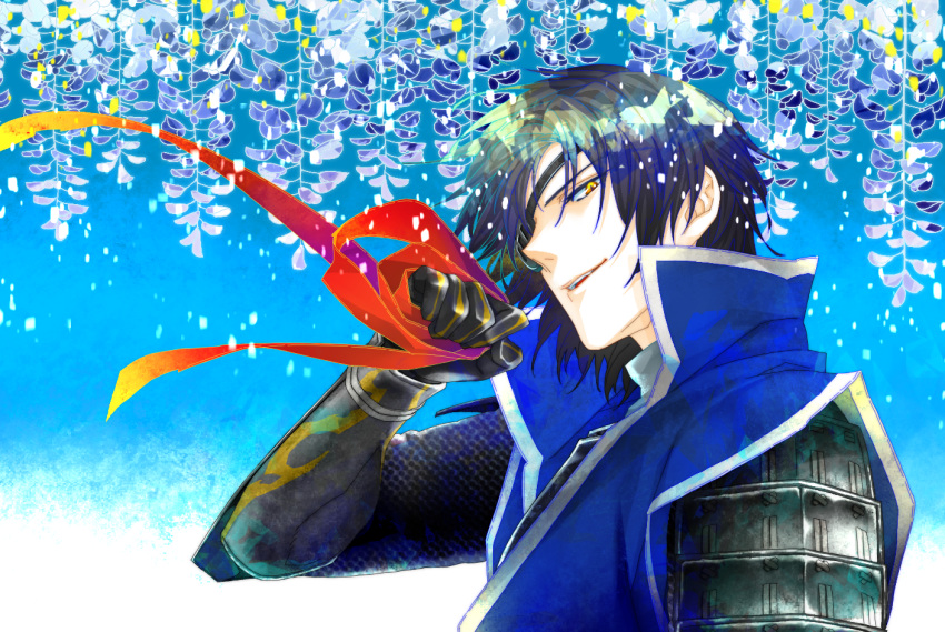 1boy, armor, black_gloves, black_hair, blue_background, date_masamune_(sengoku_basara), eyepatch, foliage