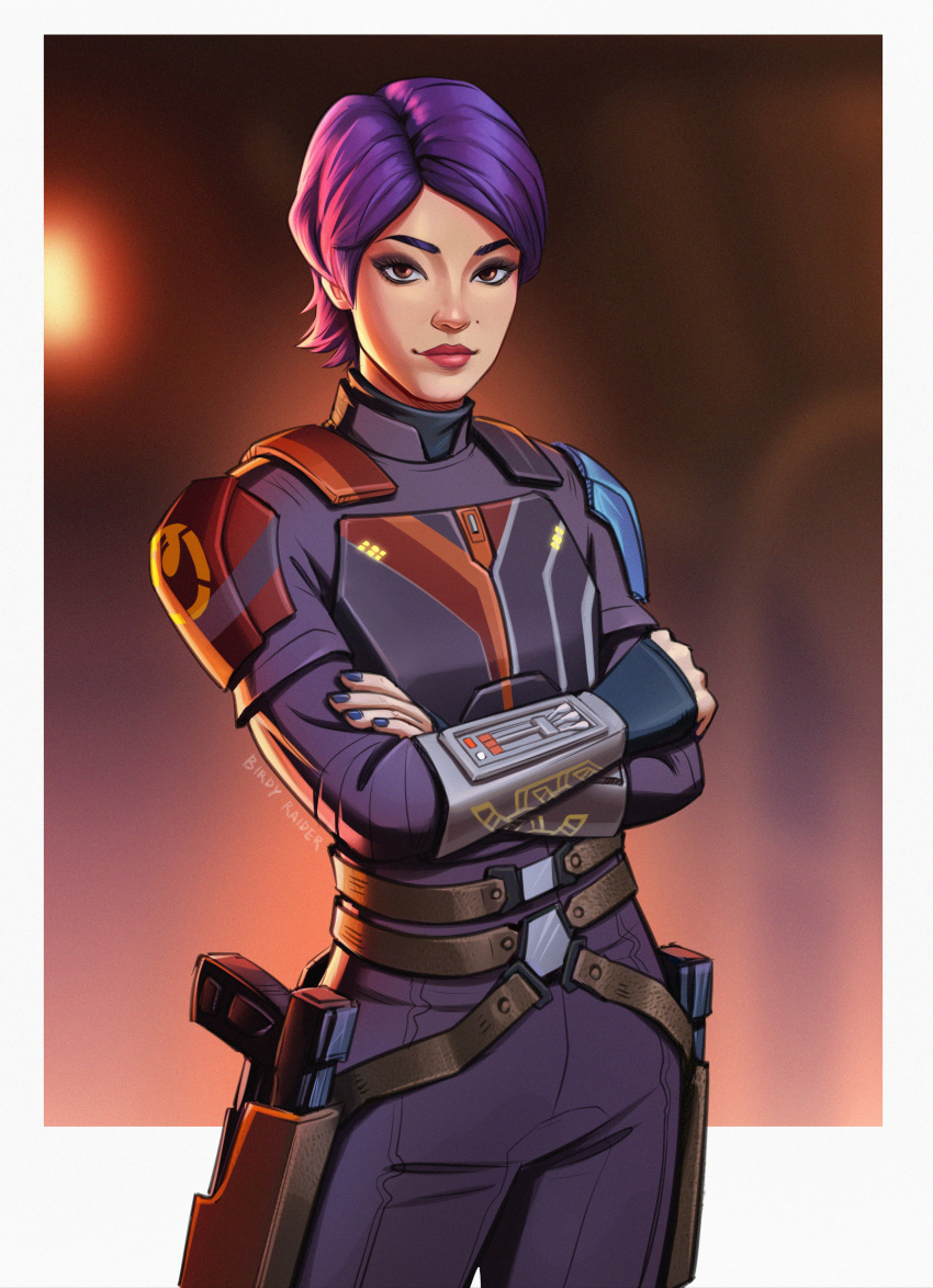 1girl, absurdres, armored_jumpsuit, birdyraider, brown_eyes, crossed_arms, gun, highres