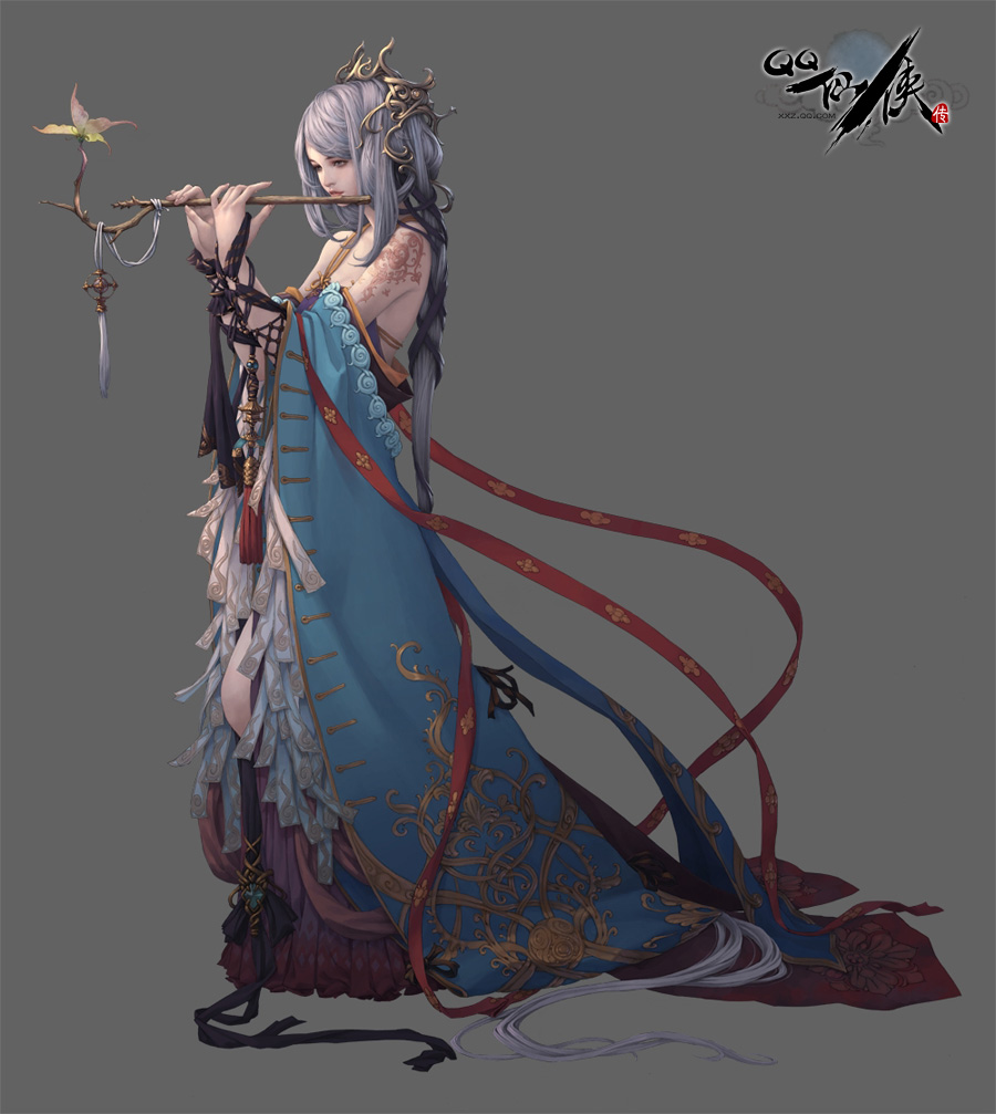 butterfly, cglange, copyright_request, dress, flower, hair_ornament, long_hair, no_lineart, silver_hair, solo, tattoo, very_long_hair