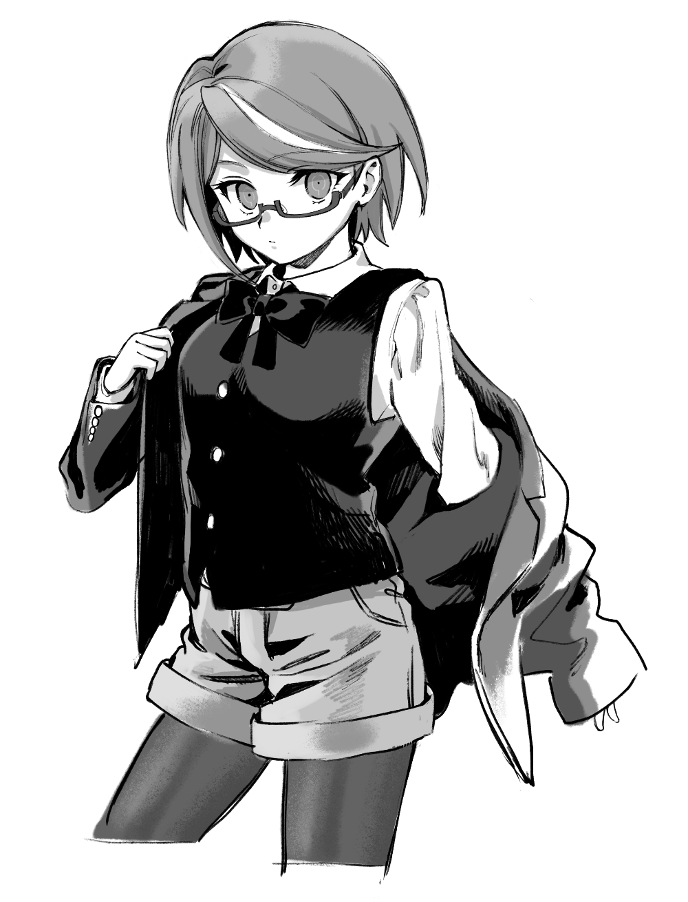 1girl, bow, bowtie, buttons, closed_mouth, collared_shirt, commentary_request, cropped_legs