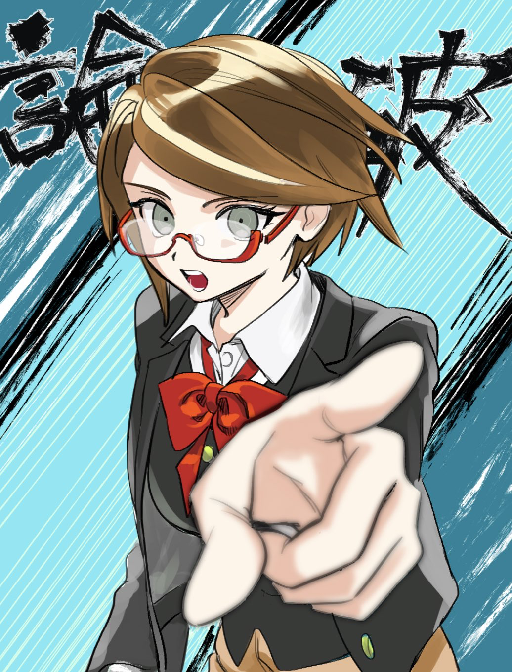 1girl, black_jacket, black_vest, blazer, blonde_hair, blue_background, bow, bowtie