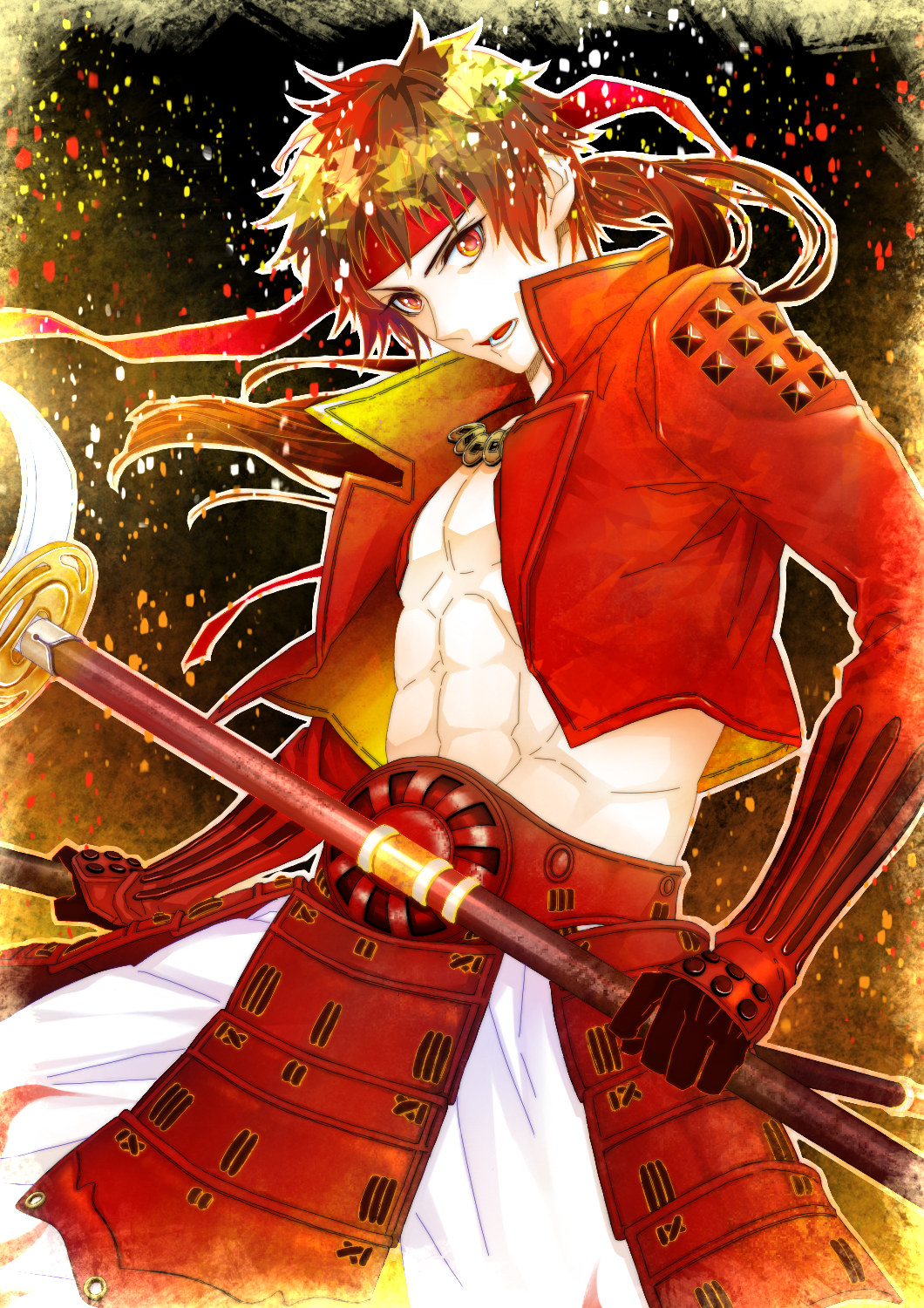 1boy, armor, black_gloves, brown_hair, cowboy_shot, cropped_jacket, gloves, headband