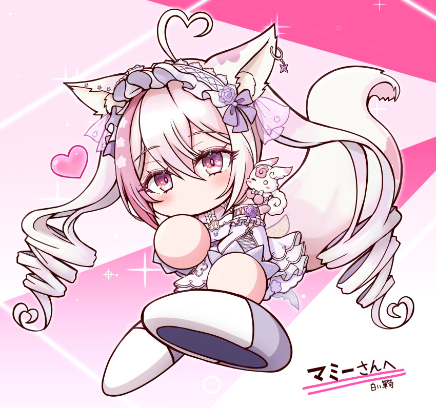 1girl, absurdres, ahoge, animal_ear_piercing, animal_ears, artist_name, blush, chibi
