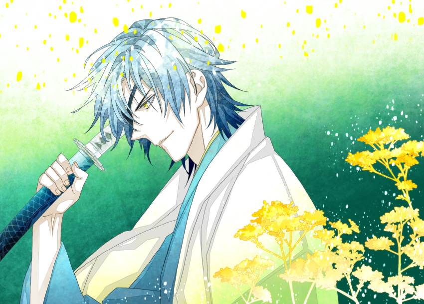 1boy, alternate_costume, blue_hair, date_masamune_(sengoku_basara), eyepatch, flower, from_side, green_background