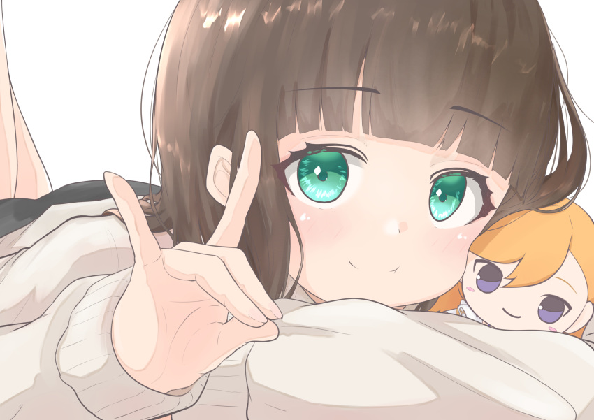 1girl, absurdres, black_shorts, blunt_bangs, brown_hair, character_doll, cheek_press, closed_mouth