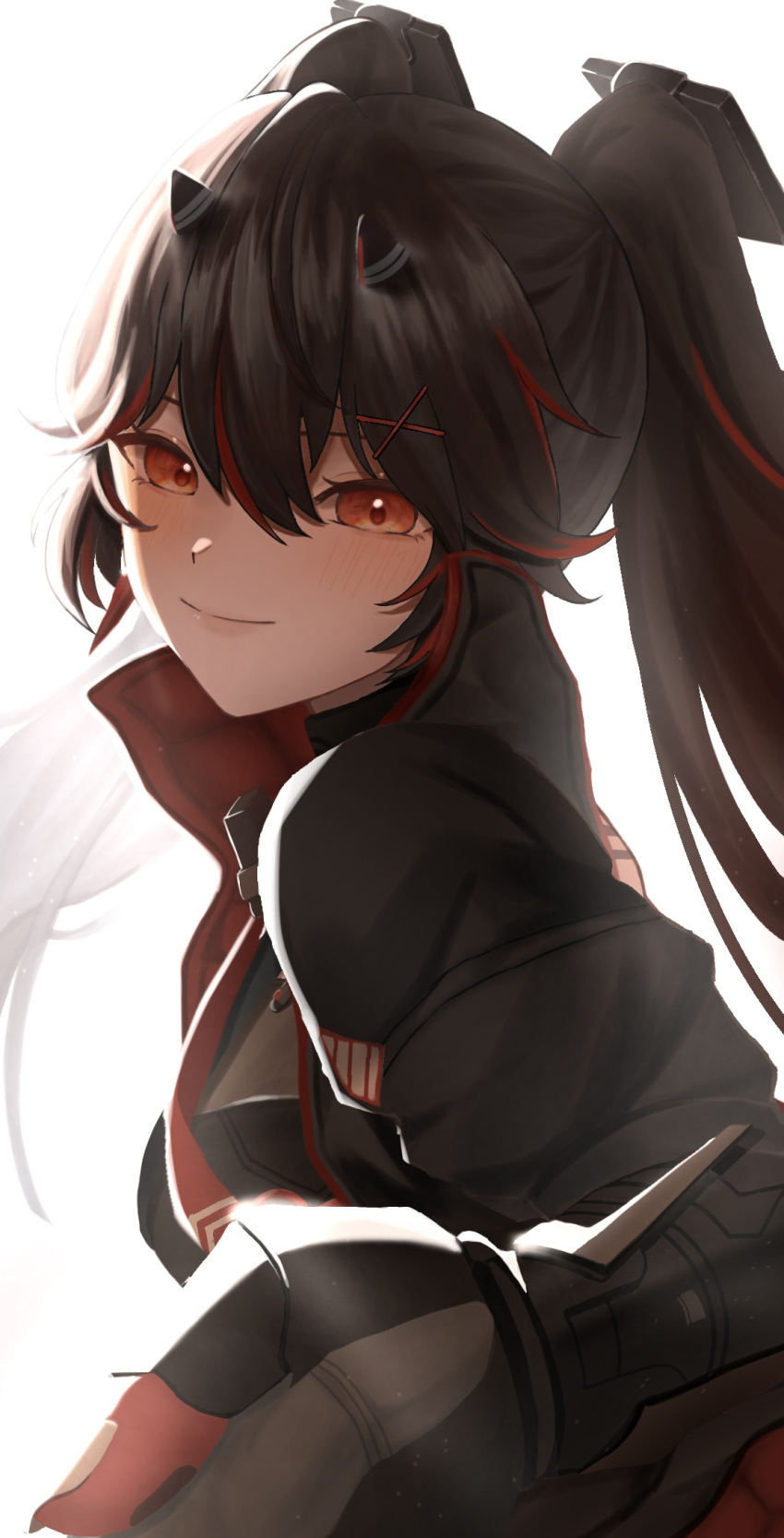 1girl, black_hair, black_jacket, blush, closed_mouth, fake_horns, hair_between_eyes, hair_ornament