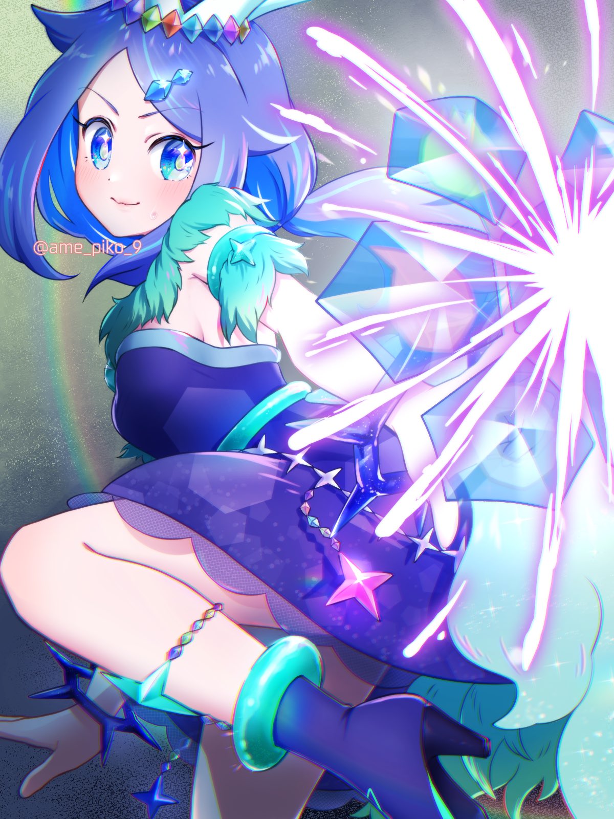 1girl, :d, amedamaneko, blue_dress, blue_eyes, blue_hair, blush, crown, crystal, crystal_earrings, defensive_wall, dress, earrings, gem, hair_ornament, high_heels, highres, jewelry, liko_(pokemon), long_hair, magical_girl, open_mouth, pokemon, pokemon_(anime), pokemon_horizons, precure, smile, solo, sparkling_eyes, strapless, strapless_dress, unofficial_precure_costume, yellow_pupils