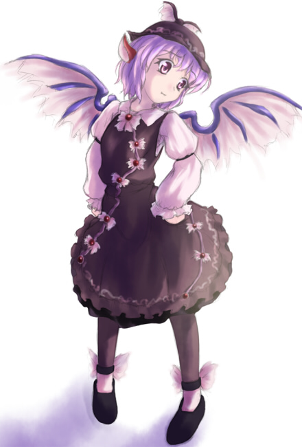 animal_ears, dress, hands_on_hips, hat, head_tilt, long_sleeves, mystia_lorelei, pink_eyes, pink_hair, short_hair, simple_background, solo, standing, tom_zuka, touhou, winged_shoes, wings, x_hyuuga_x