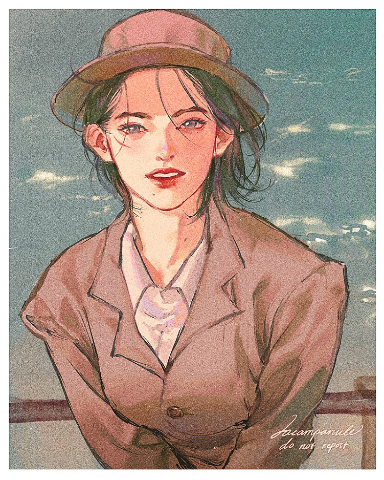 1girl, black_hair, clouds, coat, collared_shirt, fence, grey_coat, grey_eyes
