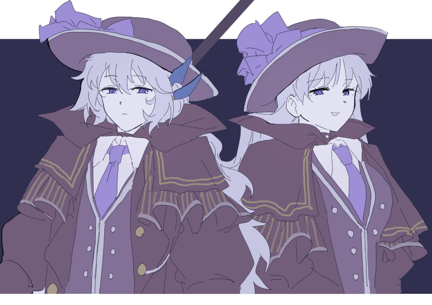 1boy, 1girl, angelica_(project_moon), argalia_(project_moon), black_hat, blue_eyes, bow, breasts