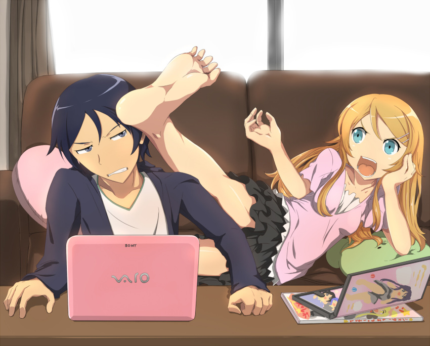 barefoot, black_hair, brother_and_sister, casual, computer, feet, foreshortening, hair_ornament