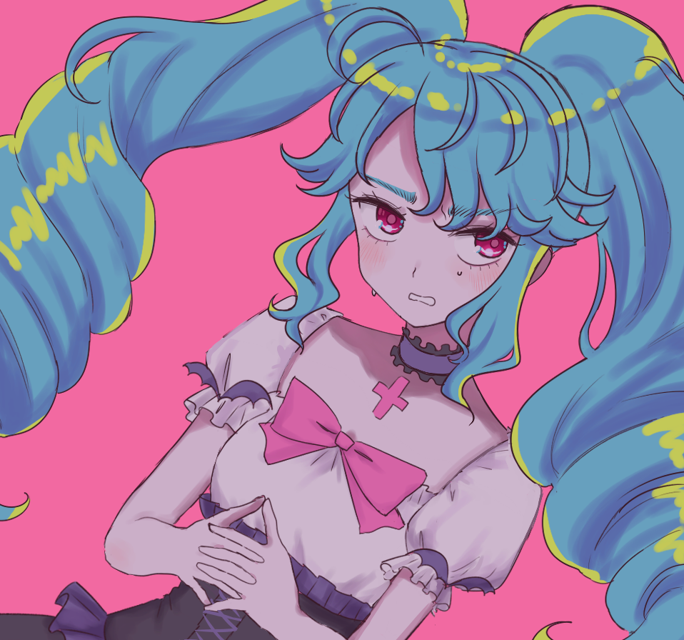 1girl, blue_hair, blush, bow, choker, cross, dress, drill_hair