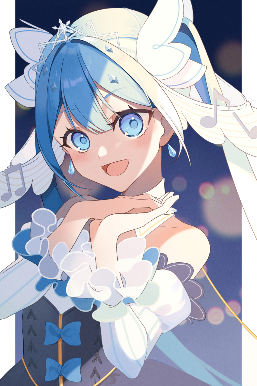 1girl, absurdres, bare_shoulders, blue_bow, blue_dress, blue_eyes, blue_hair, blush