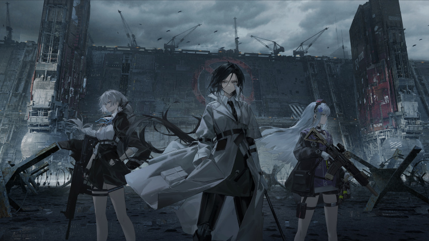 3girls, absurdres, apc556_(girls'_frontline), ar-18_(girls'_frontline), artist_request, assault_rifle, b&amp;t_apc556, bird, black_gloves, black_hair, black_hairband, black_jacket, black_necktie, black_skirt, cane, chinese_commentary, coat, collared_shirt, cowboy_shot, crane_(machine), czech_hedgehog, fingerless_gloves, girls_frontline, gloves, grey_sky, gun, h&amp;k_hk416, hairband, hand_on_own_hip, hat, highres, hk416_(girls'_frontline), holding, holding_cane, holding_gun, holding_weapon, jacket, long_hair, mechanical_legs, mini_hat, multiple_girls, necktie, official_art, overcast, rifle, shirt, skirt, sky, thigh_strap, trigger_discipline, weapon, white_coat, white_gloves, white_hair, white_shirt