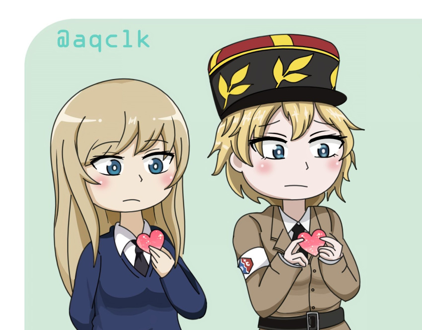 2girls, aqclk, asparagus_(girls_und_panzer), bc_freedom_(emblem), bc_freedom_military_uniform, belt, black_necktie, blonde_hair, blue_eyes, blue_sweater, blush, commentary_request, dress_shirt, earl_grey_(girls_und_panzer), emblem, girls_und_panzer, grey_jacket, hat, heart, holding, holding_heart, jacket, kepi, long_hair, military_hat, multiple_girls, necktie, school_uniform, shirt, short_hair, st._gloriana's_school_uniform, sweater, upper_body, white_shirt