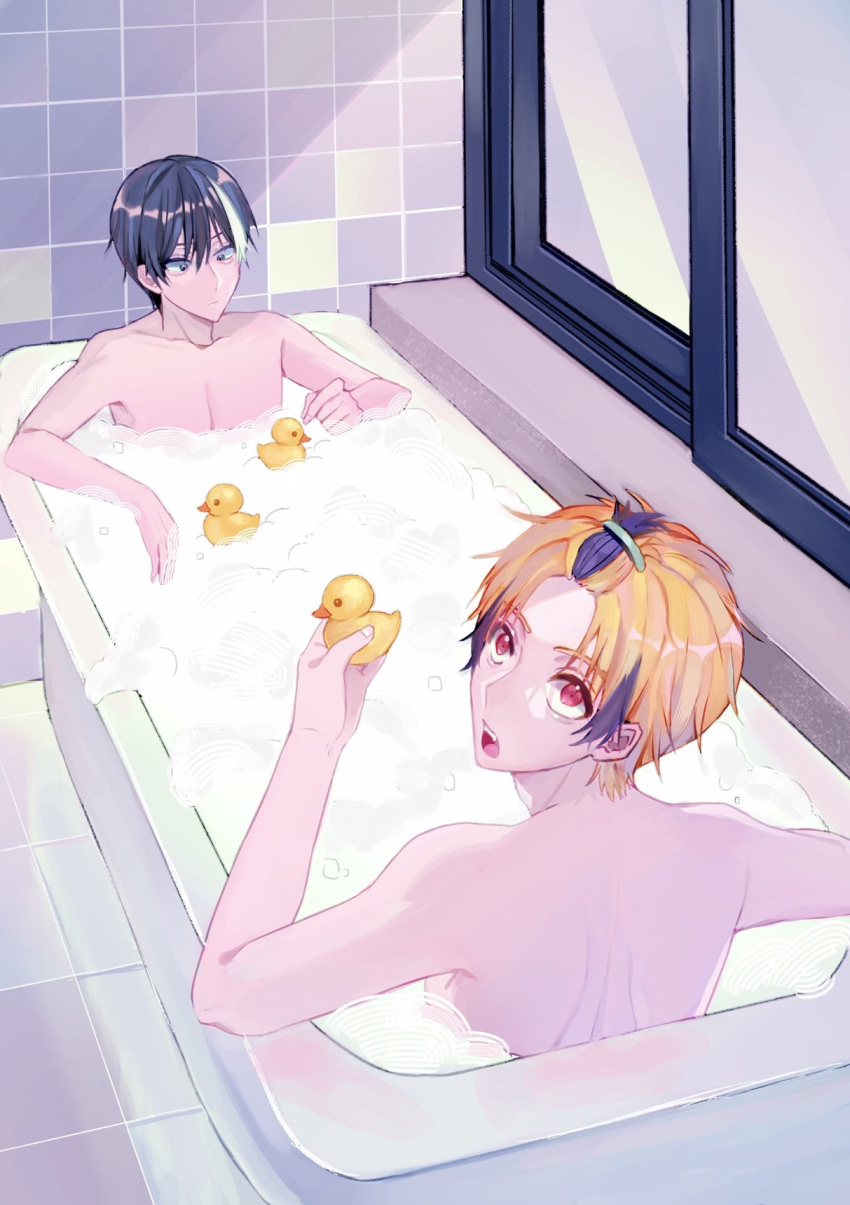 2boys, bathing, bathroom, bathtub, black_hair, blonde_hair, blue_eyes, hair_ornament, hairclip, highres, holding, indoors, lawless_(servamp), licht_jekylland_todoroki, looking_back, male_focus, multicolored_hair, multiple_boys, potasugi2222, red_eyes, rubber_duck, servamp, short_hair, sitting, tiles, toy, two-tone_hair, washing, white_hair, window