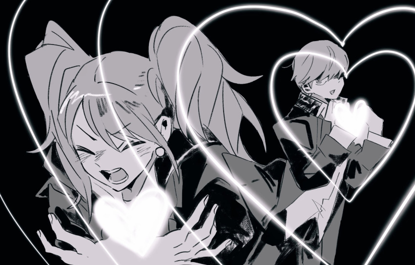 1boy, 1girl, blush, bucchigiri?!, closed_eyes, closed_mouth, collared_shirt, earrings, expressionless, greyscale, hamusitas, heart, heart_hands, highres, jacket, jewelry, kujikawa_rise, long_sleeves, love_je_t'aime, monochrome, narukami_yuu, open_mouth, parody, persona, persona_4, school_uniform, serafuku, shirt, twintails