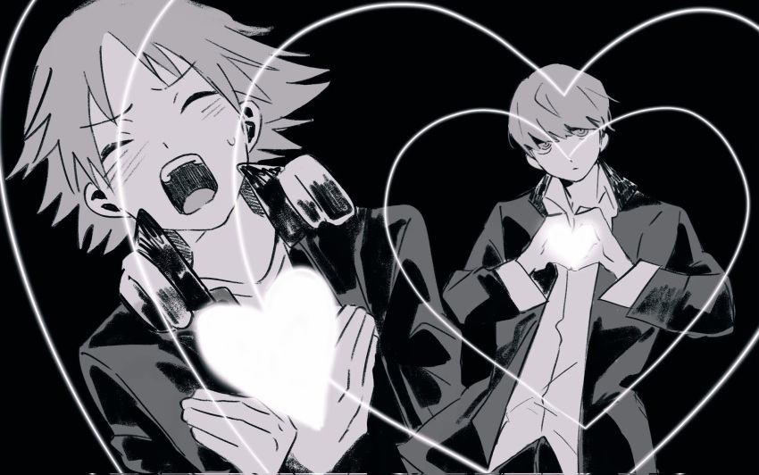 2boys, blush, bucchigiri?!, closed_eyes, closed_mouth, collared_shirt, expressionless, greyscale