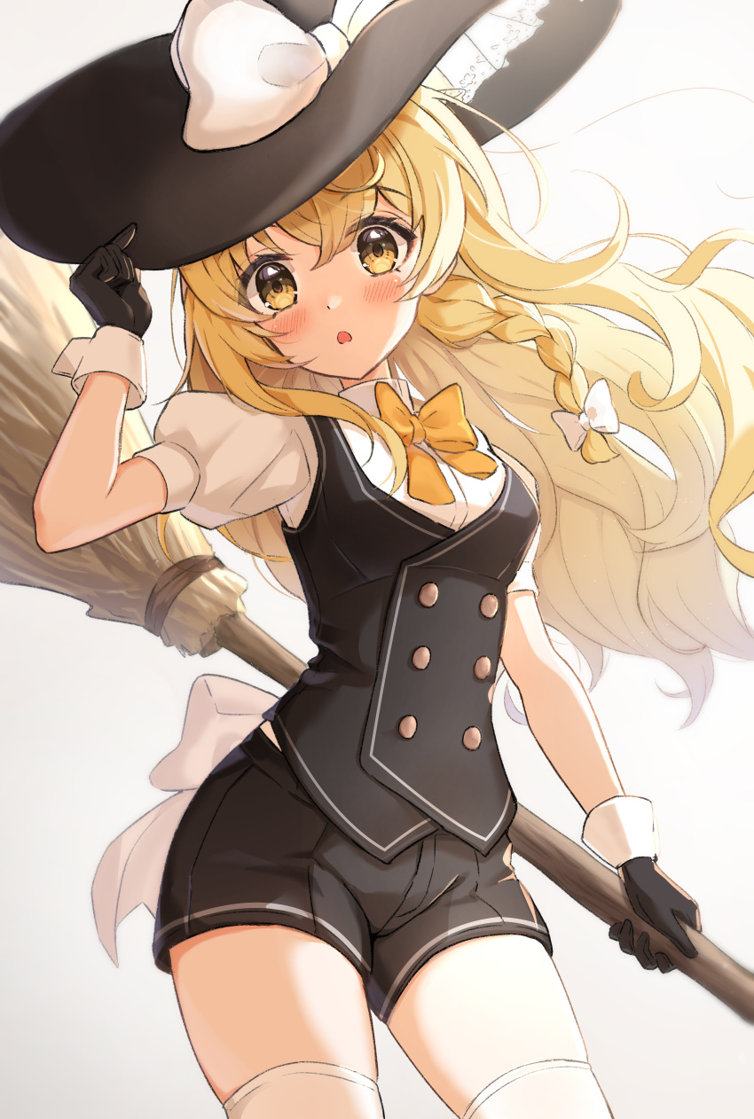 1girl, absurdres, alternate_costume, black_gloves, black_shorts, black_vest, blonde_hair, blush, bow, bowtie, braid, broom, cowboy_shot, gloves, hair_bow, hat, hat_bow, highres, holding, holding_broom, holding_hat, holding_unworn_clothes, kirisame_marisa, long_hair, looking_at_viewer, puffy_short_sleeves, puffy_sleeves, shirt, short_sleeves, shorts, single_braid, solo, thigh-highs, touhou, vest, wheat_retzel, white_background, white_bow, white_shirt, white_thighhighs, witch_hat, wrist_cuffs, yellow_bow, yellow_bowtie, yellow_eyes