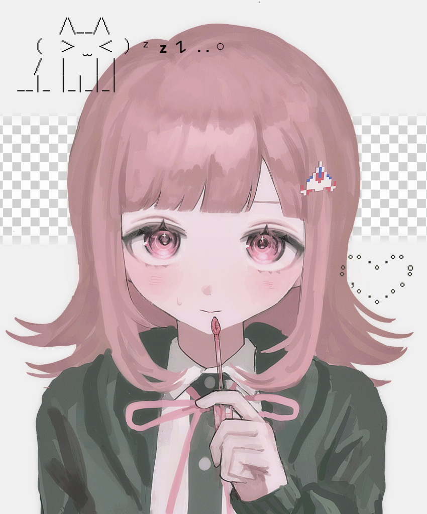 1girl, black_jacket, black_shirt, blunt_bangs, blush, danganronpa_(series), danganronpa_2:_goodbye_despair, dress_shirt