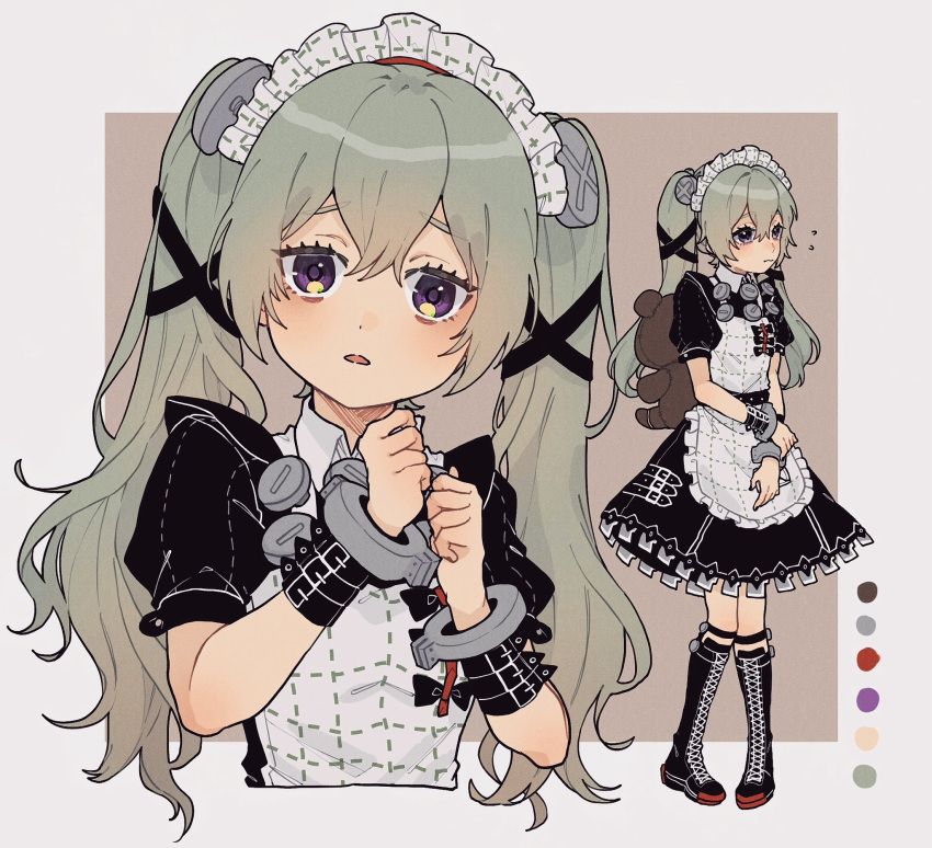 1girl, animal_bag, apron, bear_bag, belt, black_belt, black_dress, black_footwear, boots, border, breasts, brown_background, color_guide, commentary, corin_wickes, cross-laced_footwear, cuffs, dress, flying_sweatdrops, full_body, green_hair, grey_border, hair_between_eyes, hands_up, highres, holding_own_arm, huzizi_2222, knee_boots, lace-up_boots, long_hair, looking_at_viewer, maid, maid_apron, maid_headdress, multiple_views, open_mouth, puffy_short_sleeves, puffy_sleeves, screw_hair_ornament, short_sleeves, simple_background, solo, standing, symbol-only_commentary, twintails, upper_body, violet_eyes, white_apron, zenless_zone_zero