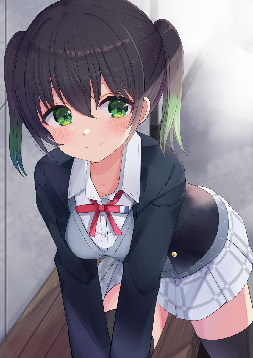 1girl, absurdres, arm_support, black_hair, black_jacket, black_thighhighs, blush, breasts