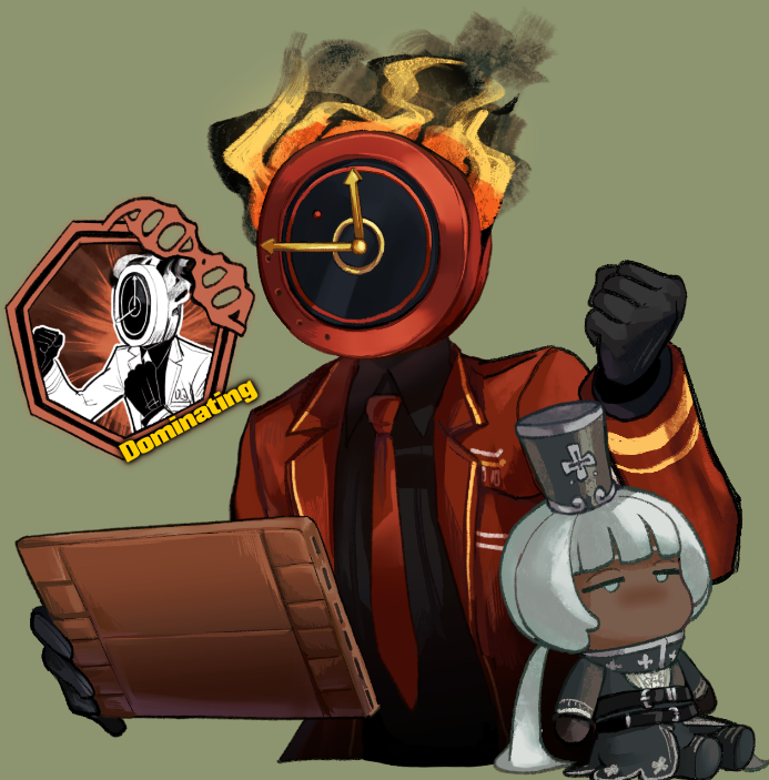 1other, black_gloves, black_shirt, boots, character_doll, charon_(project_moon), clenched_hand, clock, collared_shirt, dante_(limbus_company), dress, fire, gloves, grey_dress, grey_footwear, grey_hat, hand_up, hat, holding_pda, limbus_company, long_hair, long_sleeves, low_twintails, necktie, necronatural, object_head, pda, project_moon, red_necktie, shako_cap, shirt, solo, twintails, very_long_hair, white_hair