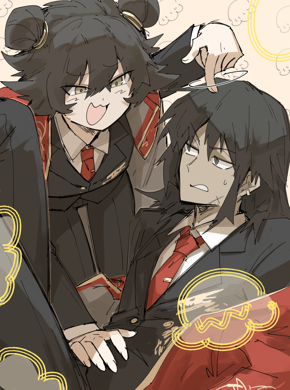1boy, 1girl, black_jacket, black_pants, brown_eyes, brown_hair, chun_(project_moon), coat, coat_on_shoulders, collared_shirt, dark-skinned_male, dark_skin, double_bun, hair_bun, highres, jacket, kankan33333, library_of_ruina, long_hair, medium_hair, mei_(project_moon), necktie, pants, project_moon, red_coat, red_necktie, shirt, white_shirt, wing_collar