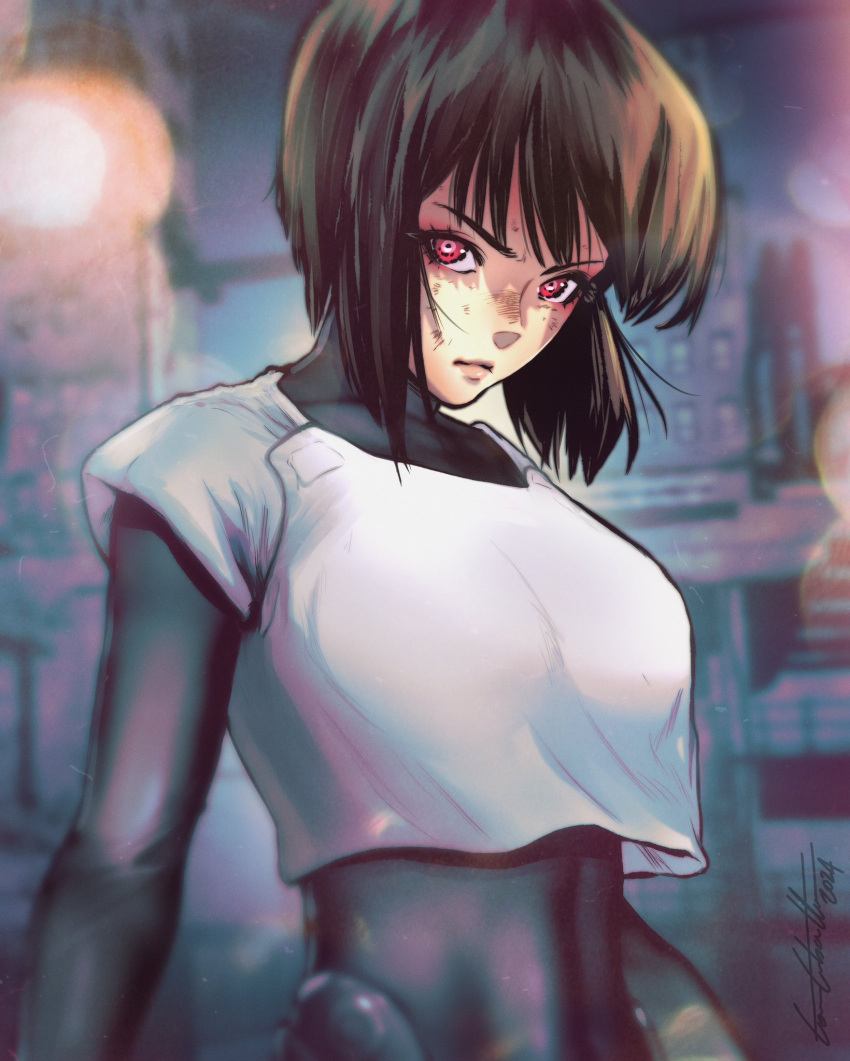 black_bodysuit, black_hair, blurry, blurry_background, bodysuit, ghost_in_the_shell, highres, kusanagi_motoko, looking_at_viewer, red_eyes, short_hair, tank_top, tonicabart, upper_body, white_tank_top
