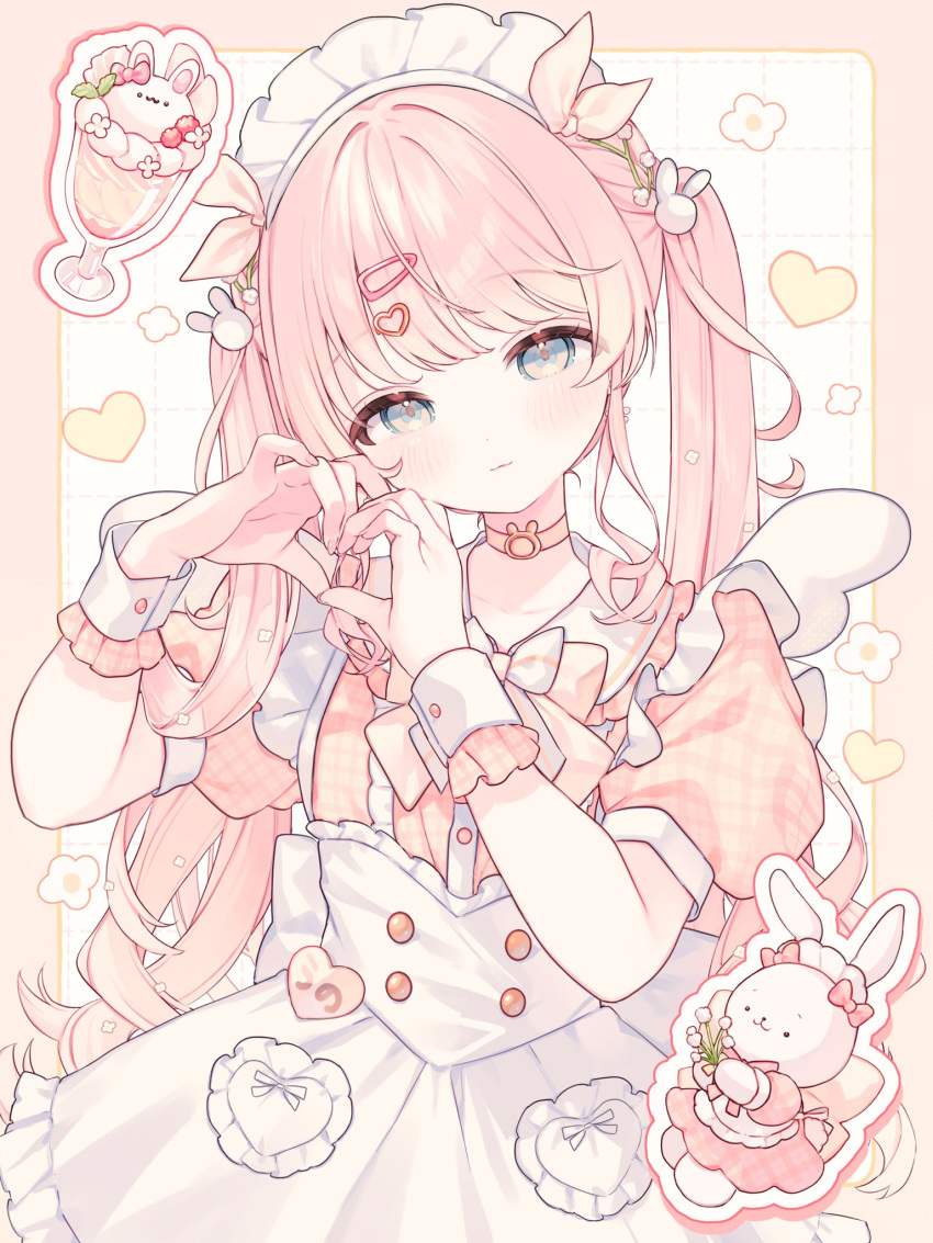 1girl, amo_uno, blue_eyes, border, bow, checkered_background, choker, commentary