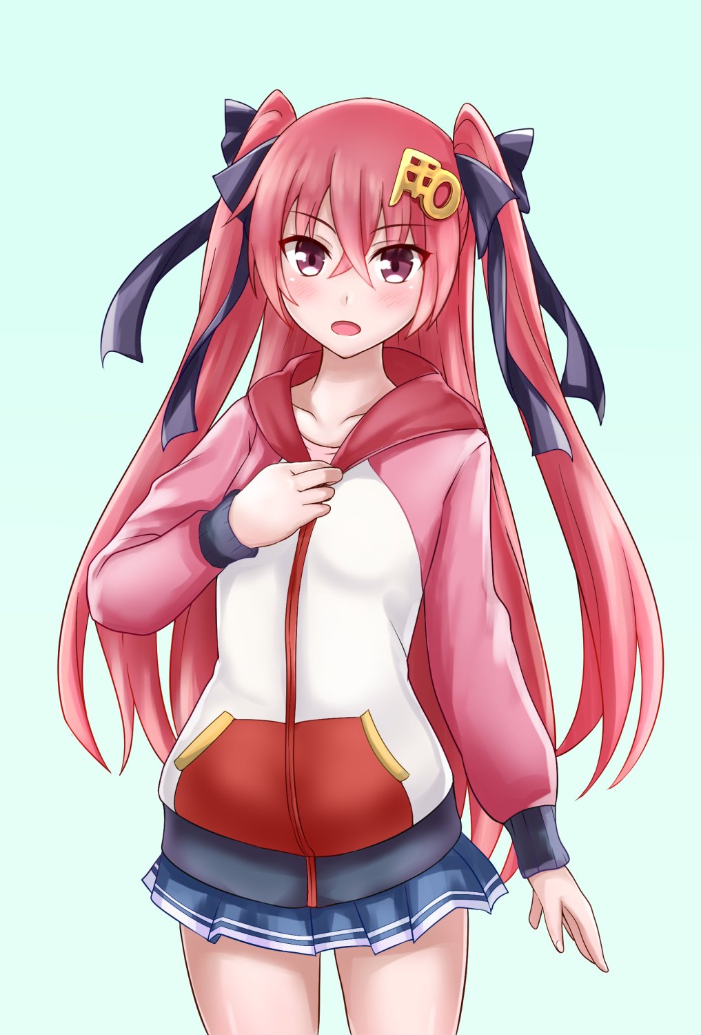 1girl, alternate_costume, blue_skirt, collarbone, commentary_request, green_background, hair_ornament, hair_ribbon