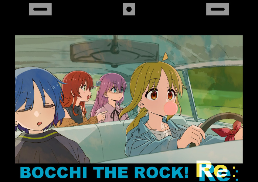 4girls, ahoge, alternate_costume, black_ribbon, blonde_hair, blowing_bubbles, blue_eyes, blue_hair