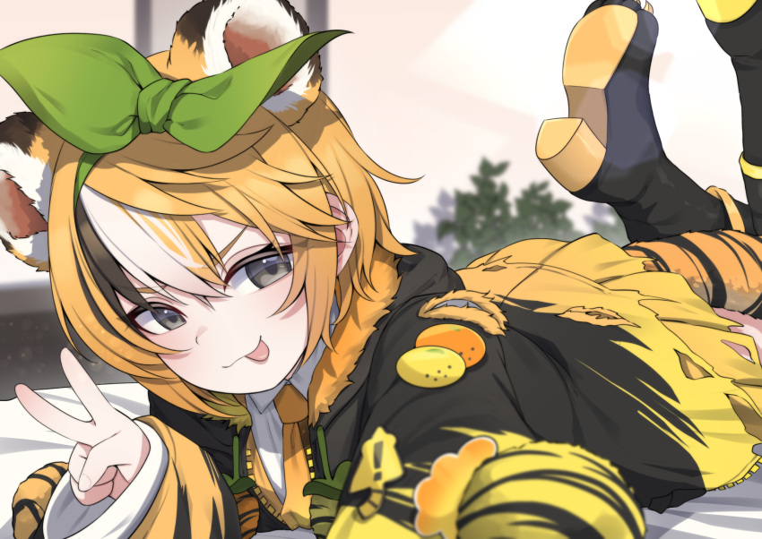1girl, :p, animal_ears, black_footwear, black_hair, black_jacket, blonde_hair, collared_shirt