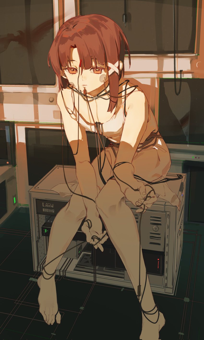 1girl, absurdres, asymmetrical_hair, bare_shoulders, barefoot, brown_eyes, brown_hair, computer