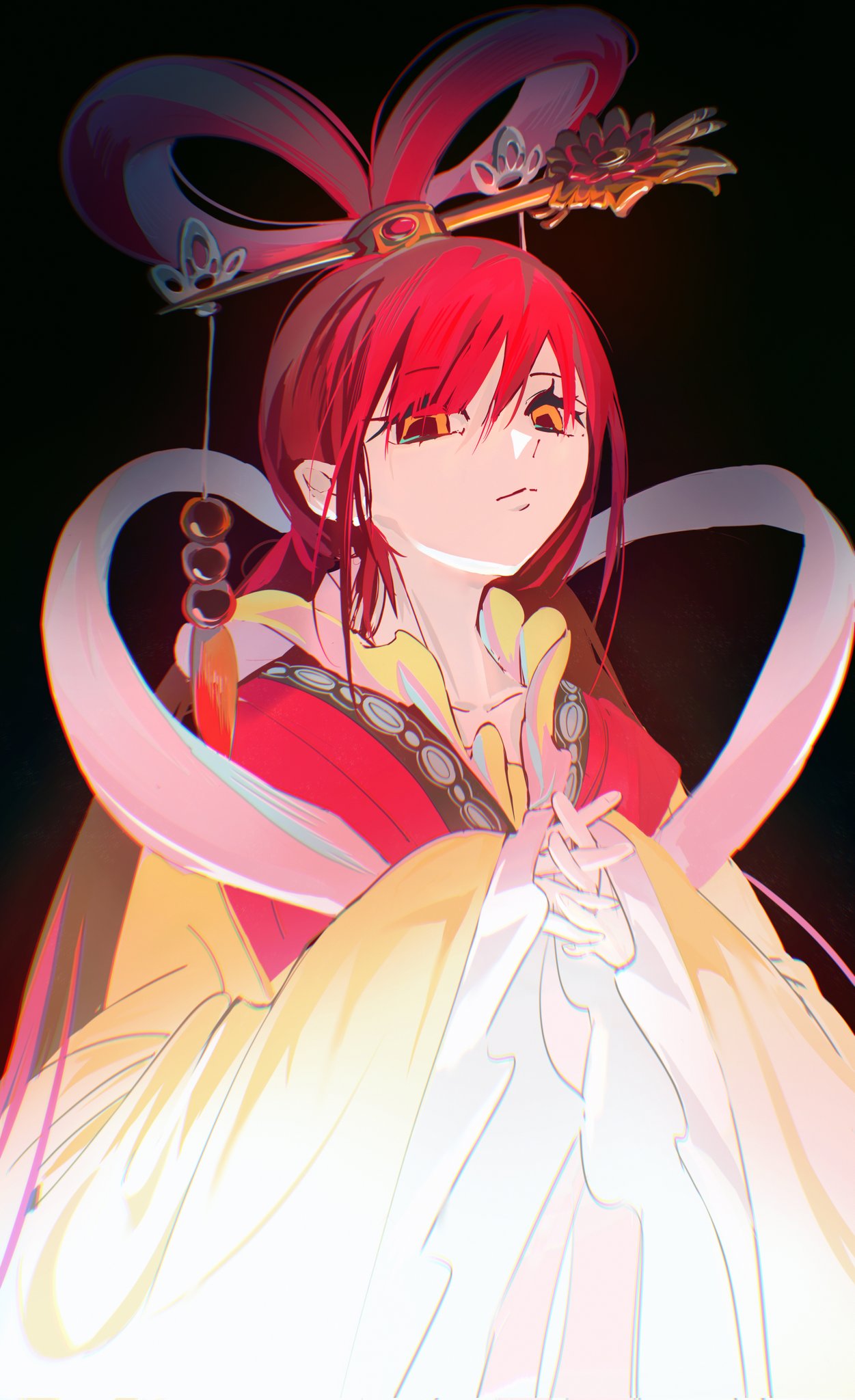 1girl, black_background, chigomage, chinese_clothes, chinese_hairpin, closed_mouth, floating_scarf, hair_ornament