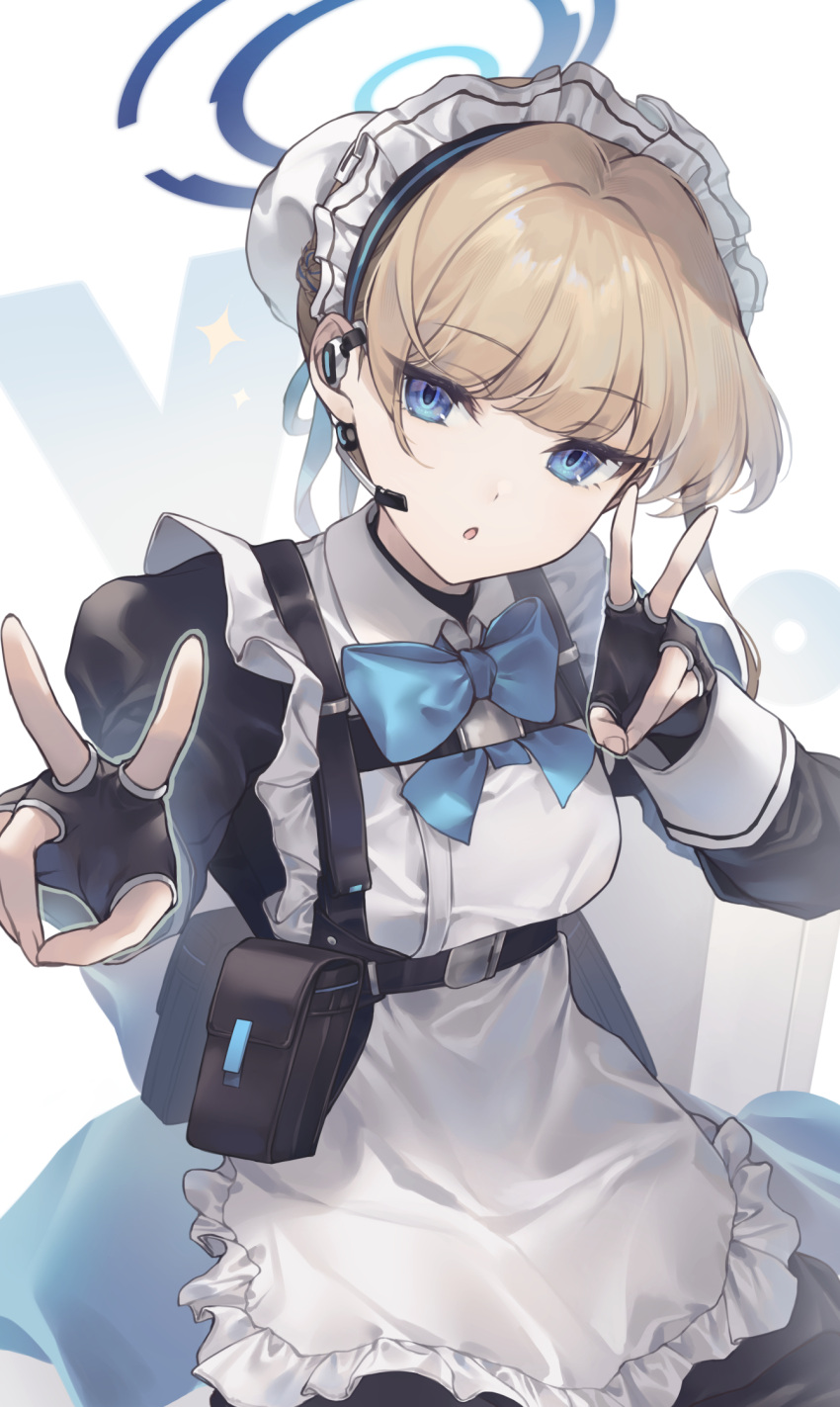 1girl, apron, black_dress, black_gloves, blonde_hair, blue_archive, blue_bow, blue_bowtie