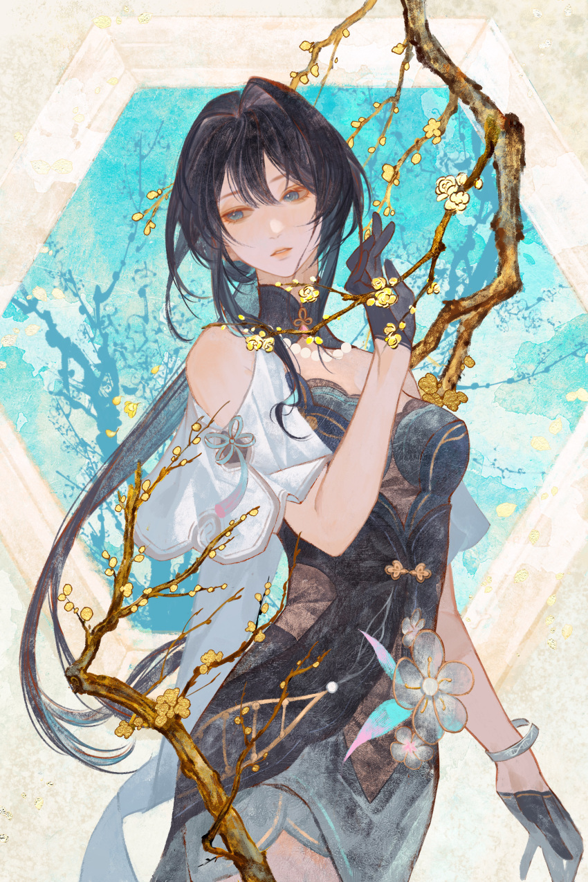 1girl, absurdres, black_dress, black_gloves, blue_eyes, branch, calendulamew, china_dress, chinese_clothes, chinese_commentary, commentary_request, cowboy_shot, detached_sleeves, dress, gloves, hair_bun, hair_intakes, hand_up, highres, honkai:_star_rail, honkai_(series), long_hair, low_ponytail, parted_lips, ruan_mei_(honkai:_star_rail), solo, textless_version, very_long_hair, white_sleeves