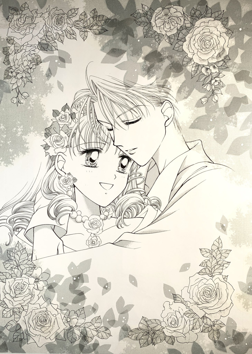 2girls, closed_eyes, curly_hair, flower, fujii_mihona, hair_flower, hair_ornament, highres