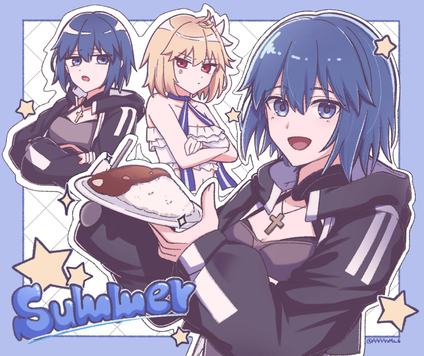 2girls, :d, anger_vein, arcueid_brunestud, aroma_(aaaaroma_6), back-to-back, bikini, black_jacket, blonde_hair, blue_border, blue_eyes, blue_hair, border, breasts, c.i.e.l_(fate), choker, ciel_(tsukihime), closed_mouth, cross, cross_necklace, crossed_arms, curry, curry_rice, fate/grand_order, fate_(series), food, highres, holding, holding_plate, jacket, jewelry, latin_cross, long_sleeves, looking_at_viewer, medium_breasts, multiple_girls, necklace, open_clothes, open_jacket, open_mouth, plate, ribbon_choker, rice, short_hair, smile, star_(symbol), swimsuit, tsukihime, white_background, white_bikini