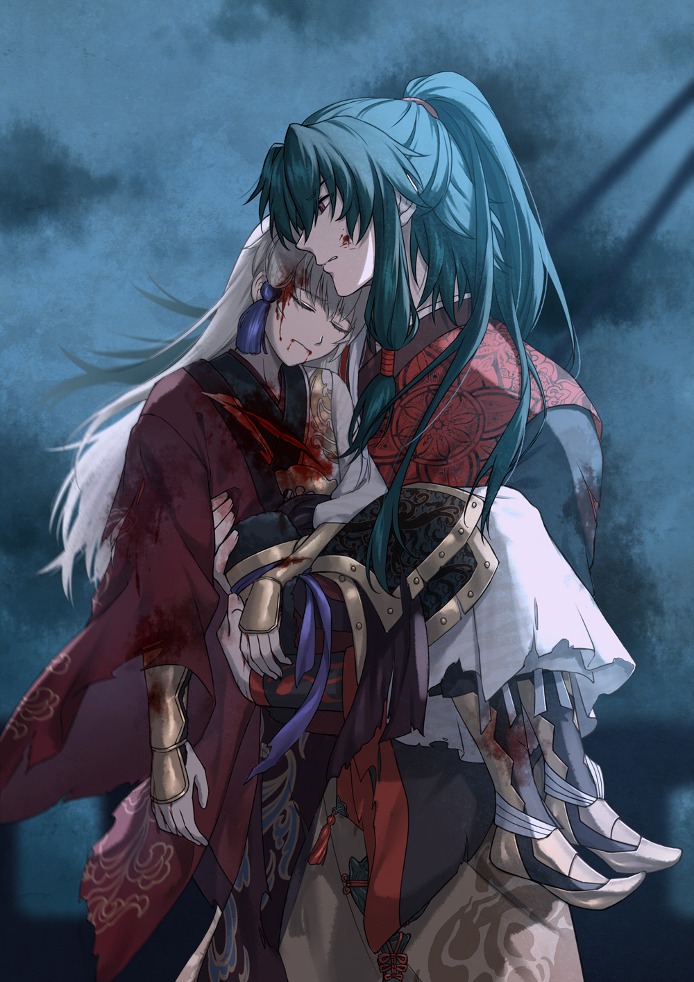 2boys, archer_(fate/samurai_remnant), arm_guards, armored_boots, black_hanfu, bleeding, blood, blood_from_mouth