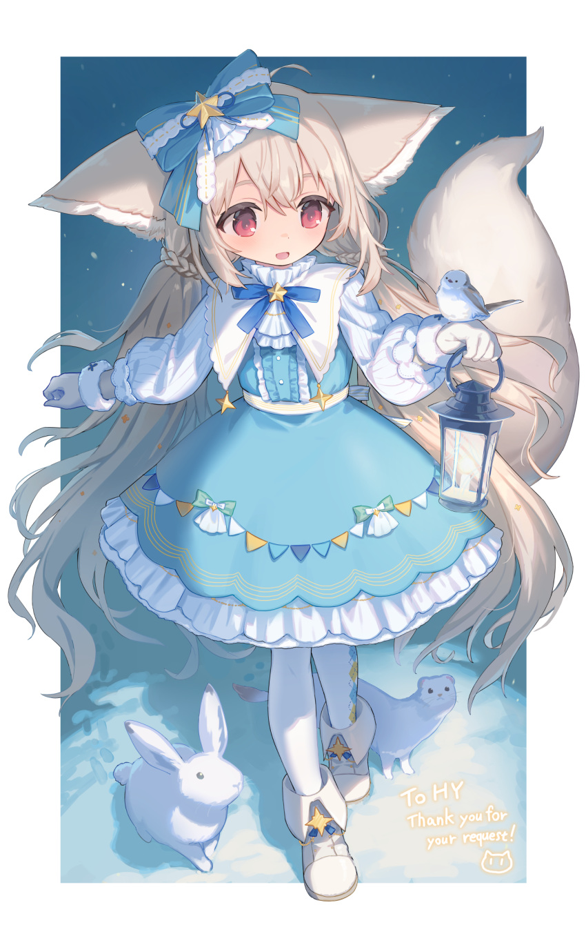 1girl, animal_ears, ankle_boots, blue_bow, blue_dress, boots, border, bow, brown_footwear, capelet, cloneko_(zelmeledf2), dress, ears_down, fox_ears, fox_girl, fox_tail, full_body, hair_bow, highres, holding, holding_lantern, lantern, large_ears, large_tail, light_brown_hair, long-tailed_tit, long_hair, long_sleeves, low_twintails, open_mouth, original, pantyhose, rabbit, red_eyes, sakurada_shiro_(hy_plus), sakurada_shiro_(winter_lite)_(hy_plus), smile, snow, snowing, tail, tit_(bird), twintails, weasel, white_border, white_capelet, white_pantyhose, winter_clothes
