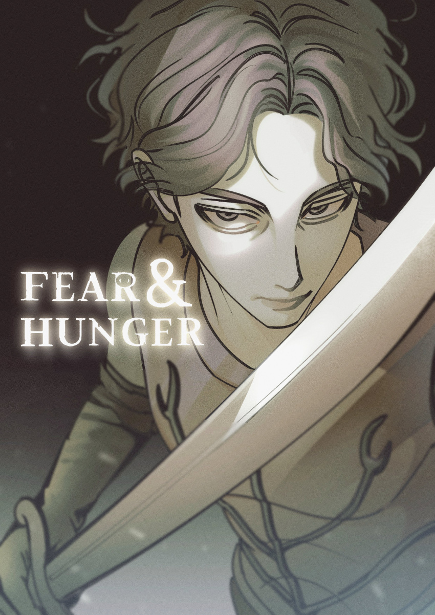 1boy, absurdres, armor, bare_shoulders, brown_background, brown_gloves, brown_hair, cahara_(fear_&amp;_hunger), closed_mouth, copyright_name, elbow_gloves, fear_&amp;_hunger, from_above, gloves, gradient_background, hashtag-only_commentary, highres, holding, holding_sword, holding_weapon, leather_armor, lips, mego_666, short_hair, solo, sword, upper_body, weapon